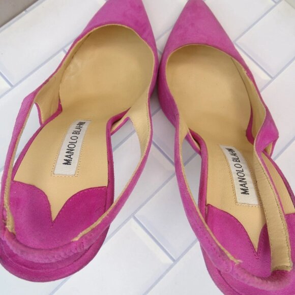 Manolo Blahnik Allura Pink Suede Slingback Pumps Pointed Toe Heels - Picture 11 of 14